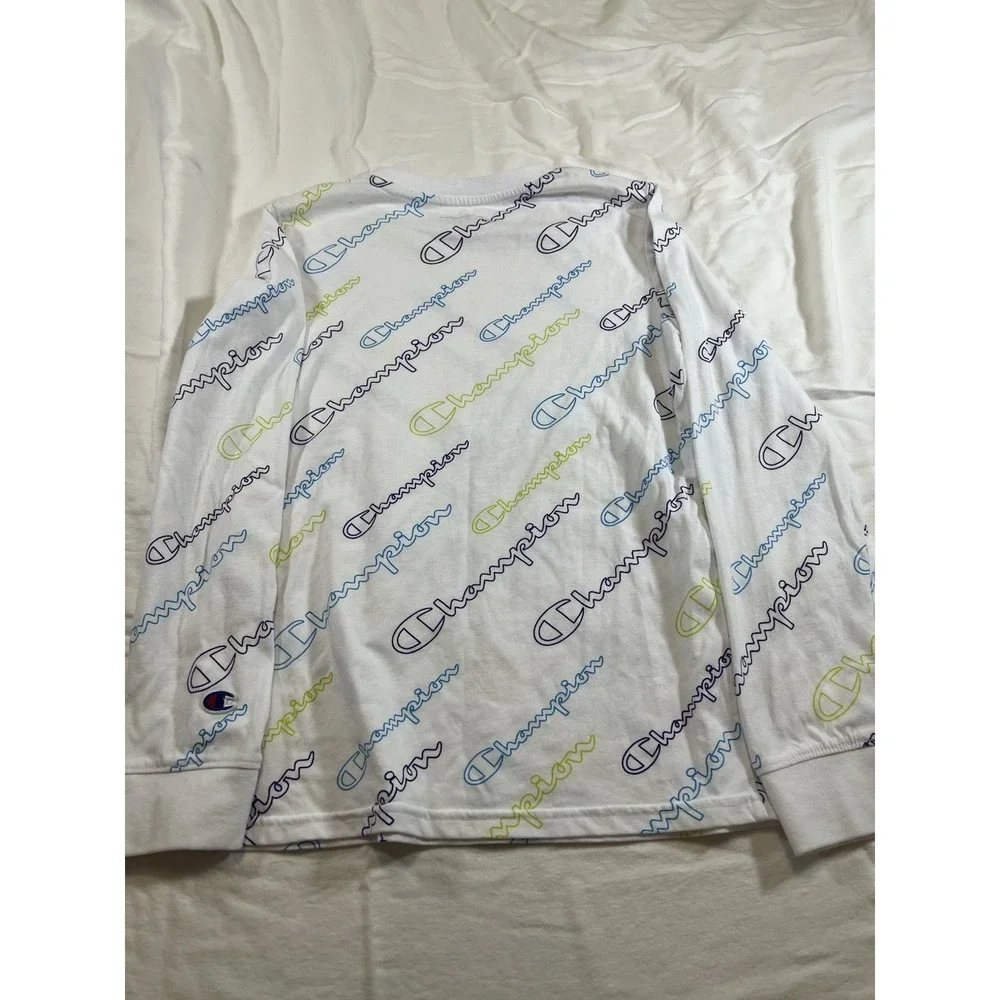 Champion Shirt Boys L White Graphic Spellout Logo AOP Long‎ Sleeve Youth Kids